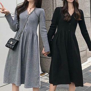 V-neck Button-up A-line Knit Dress