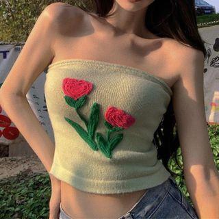 Flower Detail Knit Tube Top Light Green - One Size
