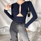 Deep V-neck Long-sleeve Cutout T-shirt