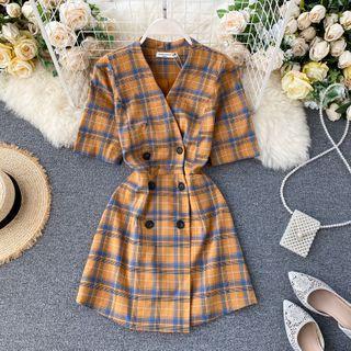 V-neck Plaid Short-sleeve Dress Tangerine - One Size