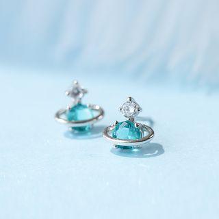 925 Sterling Silver Rhinestone Planet Earring 1 Pair - As Shown In Figure - One Size