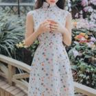Traditional Chinese Cape-sleeve Floral A-line Midi Dress
