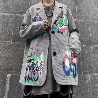 Lettering Print Single-breasted Plaid Blazer