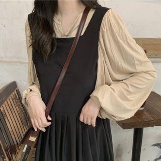 Puff-sleeve Buttoned Top / A-line Midi Dungaree Dress