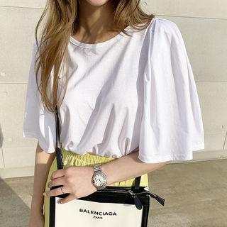 Flutter-sleeve Plain T-shirt White - One Size