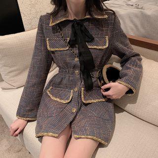 Tie-neck Long-sleeve A-line Mini Tweed Dress