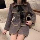 Tie-neck Long-sleeve A-line Mini Tweed Dress