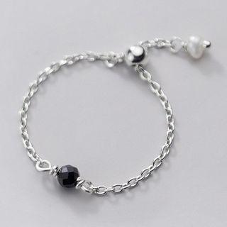 925 Sterling Silver Faux Crystal Faux Pearl Chained Ring 1 Pc - 925 Sterling Silver Faux Crystal Faux Pearl Chained Ring - One Size