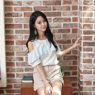 Cutout-shoulder Ruffled Chiffon Top