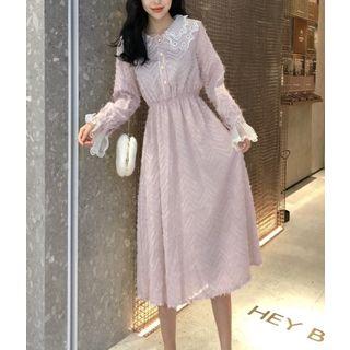 Long-sleeve Feather-accent Midi A-line Dress
