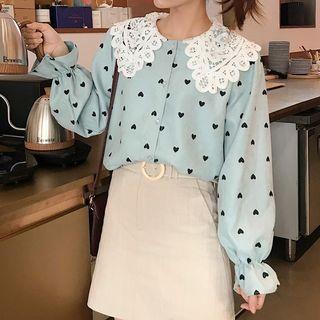 Crochet Lace Collar Heart Print Blouse