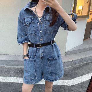 Short-sleeve Denim Wide Leg Romper