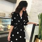 Polka Dot Elbow-sleeve A-line Midi Dress As Shown In Figure - One Size