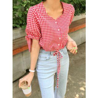 Sweetheart-neck Beribboned Gingham Crop Blouse