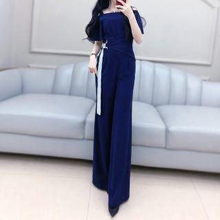 Cold-shoulder Tie-waist Wide-leg Jumpsuit
