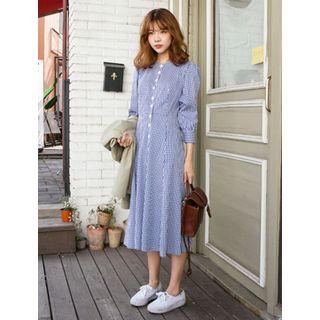 Puff-sleeve Gingham A-line Dress
