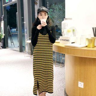 Set: Long-sleeve Mock-neck Knit Top + Plaid Overall Dress