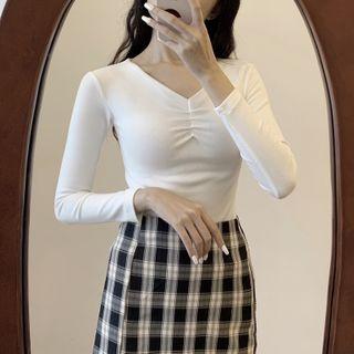 Long-sleeve Ruffled Plain Top White - One Size