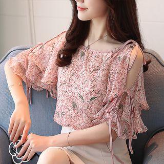 Elbow-sleeve Cold Shoulder Floral Top