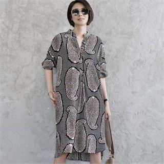 Mandarin-collar Paisley Silky Midi Dress