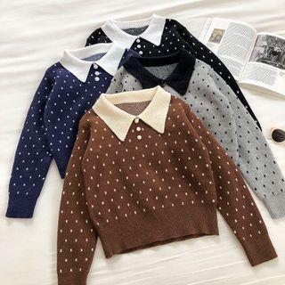 Color-block Polka Dot Long-sleeve Knit Top