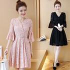Elbow-sleeve Lace Pleated A-line Dress