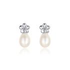 Sterling Silver Simple And Elegant Flower Freshwater Pearl Stud Earrings With Cubic Zirconia Silver - One Size