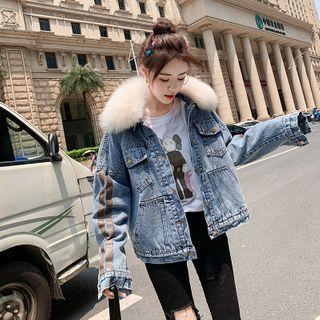 Furry Trim Striped Denim Jacket