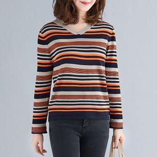 Striped V-neck Sweater Stripes - Tangerine & Light Gray & Brown - One Size