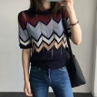 Short-sleeve Color-block Pointelle-knit Top