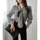 Scarf-neck Houndstooth Blouse