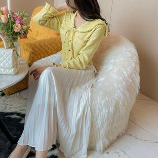Sailor-collar Pleated Maxi Tweed Dress