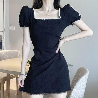 Puff-sleeve Square Neck Side-slit Mini Dress