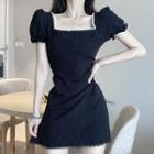 Puff-sleeve Square Neck Side-slit Mini Dress