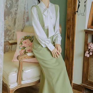 Set: Tie-neck Blouse + Midi Suspender Skirt