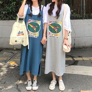 Elbow-sleeve Plain T-shirt / Spaghetti Strap Midi Printed Dress