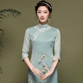 Elbow-sleeve Embroidered Qipao Dress