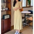 Short-sleeve Plain Pleated Dress Yellow - One Size