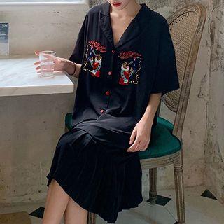 Elbow-sleeve Embroidered Pleated Paneled Buttoned Midi Dress