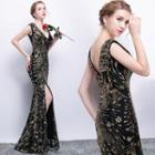 Sleeveless Glitter Embroidered Evening Gown
