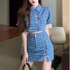 Short-sleeve Houndstooth Crop Shirt / Lace-up Mini Skort