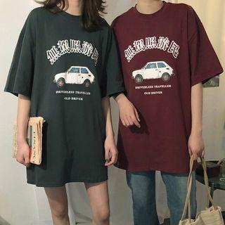 Car Printed Elbow-sleeve T-shirt