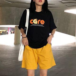 Elbow-sleeve Printed T-shirt / Wide-leg Shorts