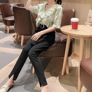 Elbow-sleeve Frill Trim Top / Dress Pants / Set
