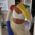 Long-sleeve Crochet Knit Color Block Crop Top