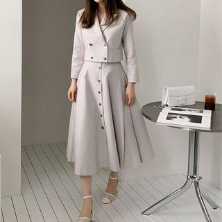 Set: Double-breasted Cropped Blazer + High-waist Midi A-line Skirt