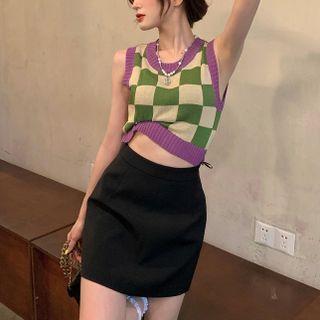 Contrast Trim Two-tone Checker Knit Tank Top Tank Top - One Size