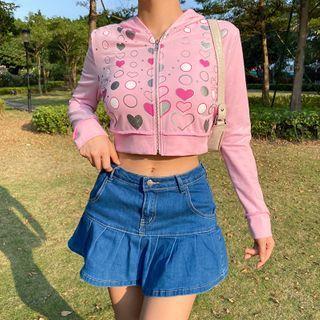 Heart Print Cropped Zipped Jacket