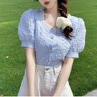 Square-neck Button-up Puff-sleeve Top
