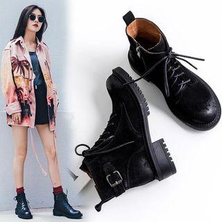 Faux Leather Buckled Block Heel Combat Ankle Boots
